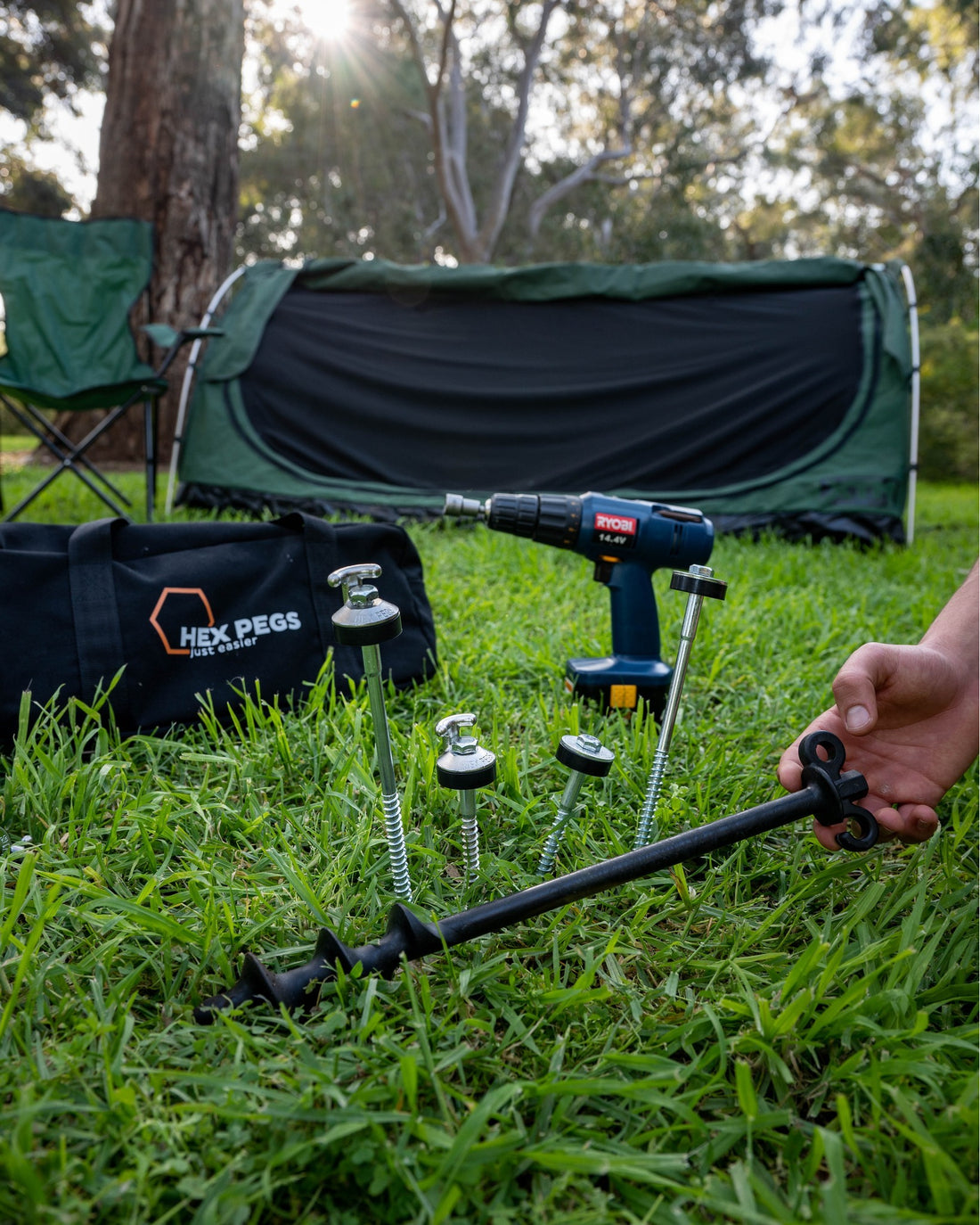 Hex Pegs holding a tent at camp